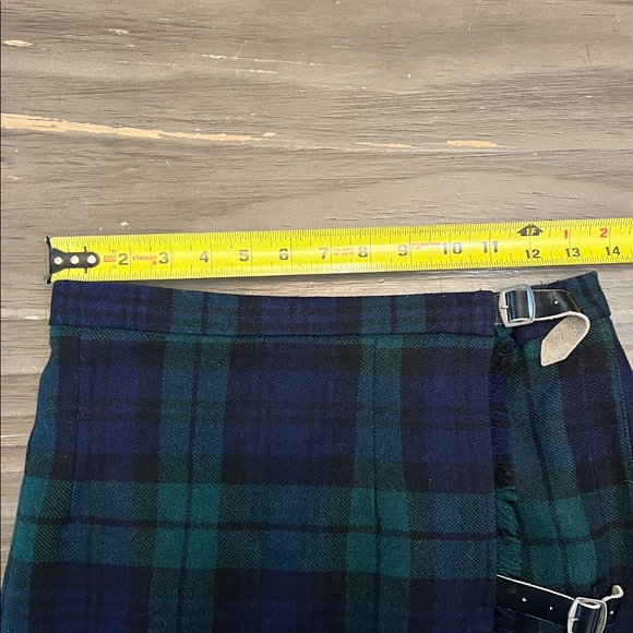 WOOL KILT TARTAN GLEN AVON GREEN & BLUE PLAID. PLEATED WRAP SKIRT - Picture 10 of 14